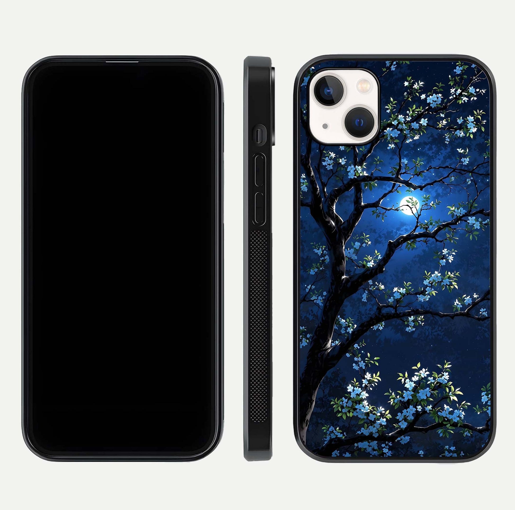 Mystic Floral Night Glass Case for iPhone 14 Plus front & back layout showing elegant floral art and smooth edges