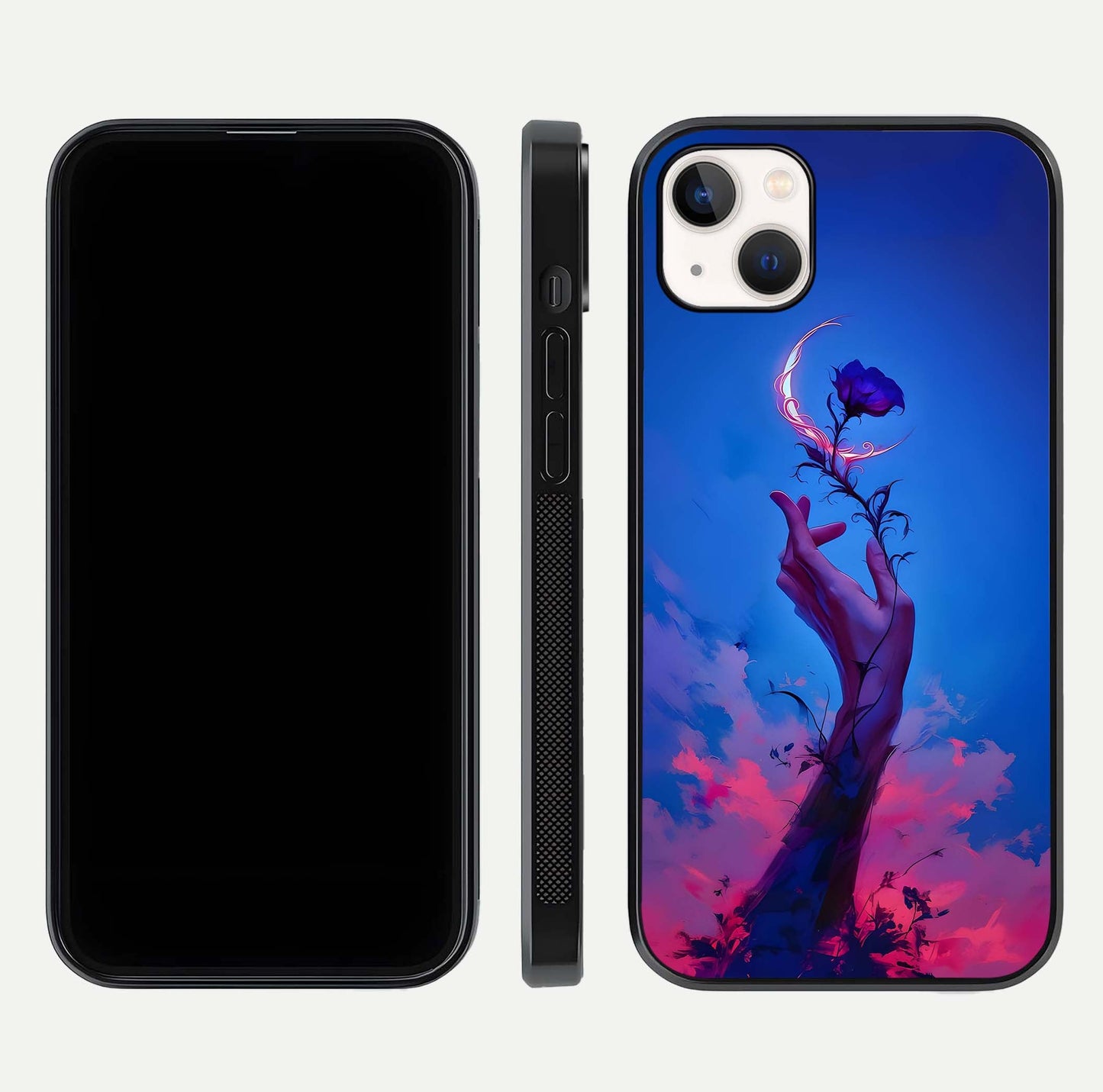 Mystic Hand Glass Case for iPhone 14 Plus front & back layout highlighting mystic design and smooth edges
