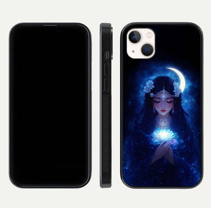 Mystic Moon Queen Glass Case for iPhone 14 Plus front & back layout highlighting divine illustration and edges