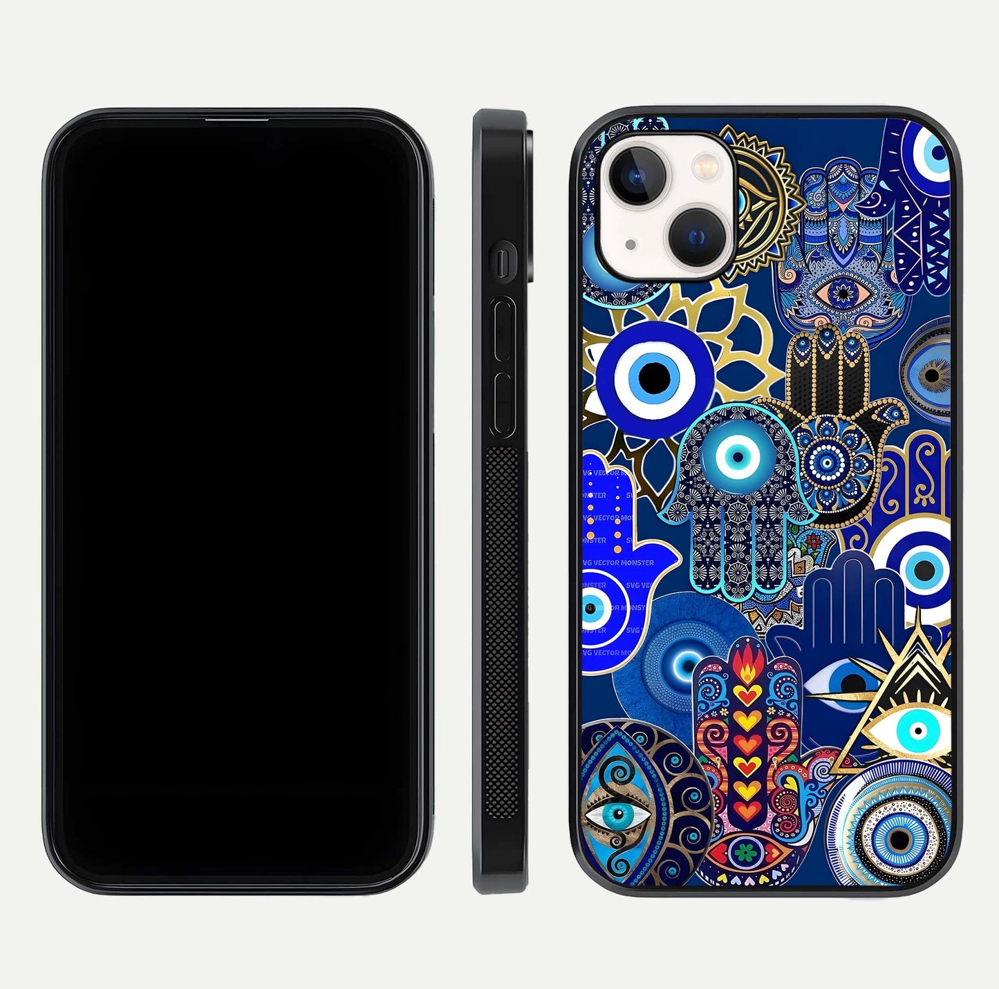 Mystic Palm Guard Glass Case for iPhone 14 Plus front & back layout highlighting spiritual art and edge finish