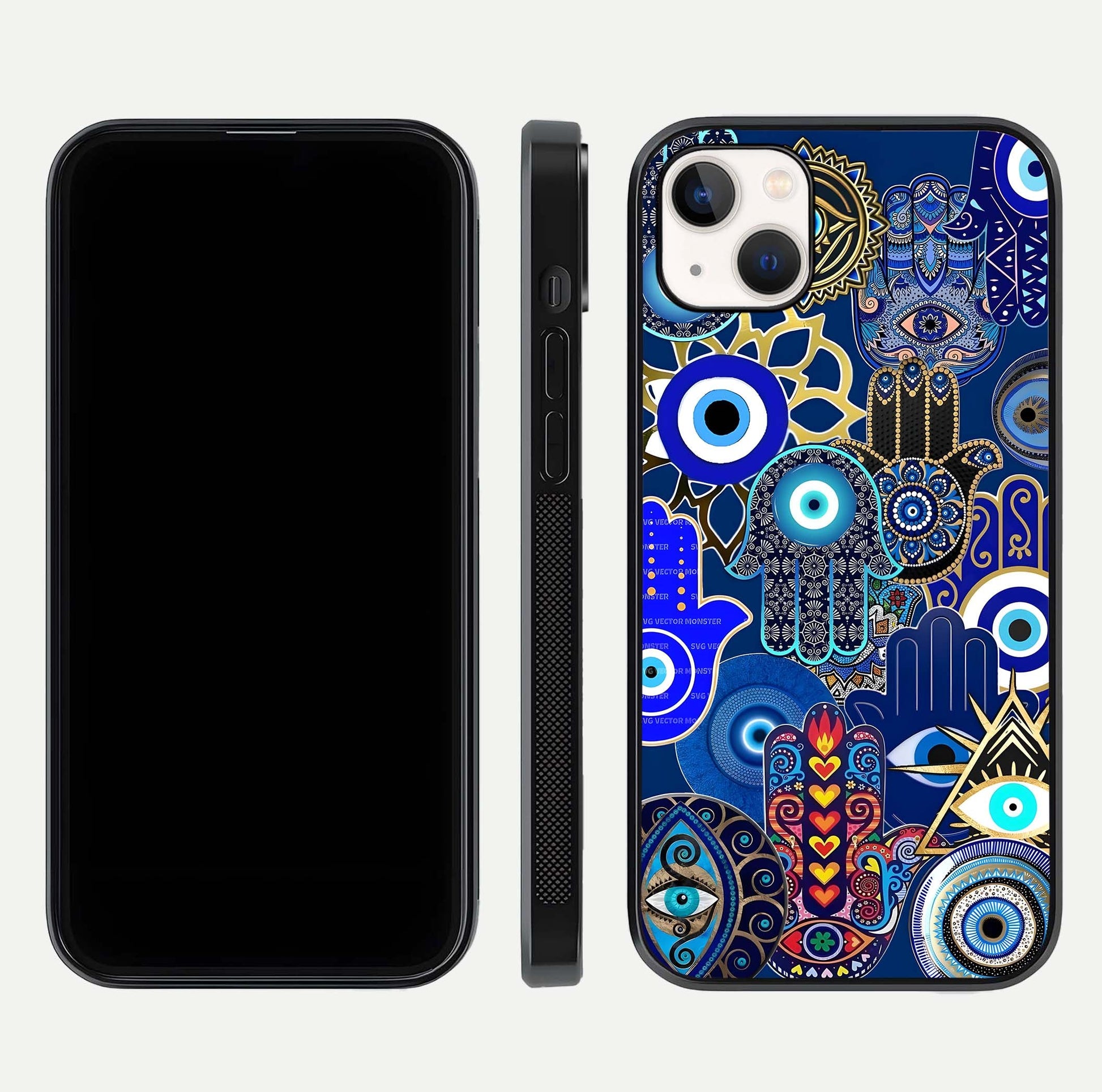 Mystic Palm Guard Glass Case for iPhone 14 Plus front & back layout highlighting spiritual art and edge finish