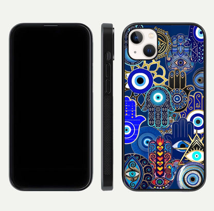 Mystic Palm Guard Glass Case for iPhone 14 Plus front & back layout highlighting spiritual art and edge finish