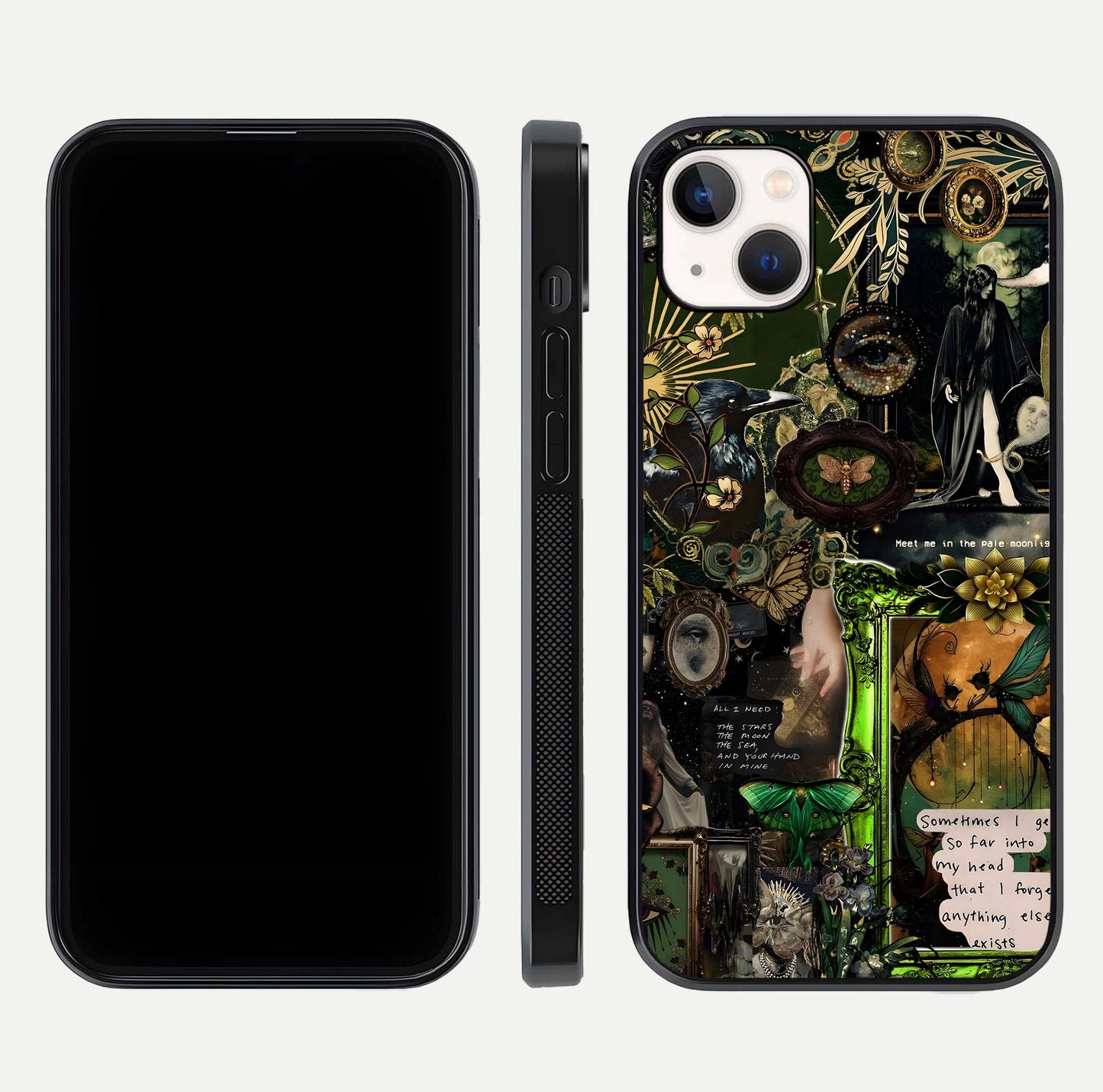 Mystic Woods Secret Glass Case for iPhone 14 Plus front & back layout showing nature theme and smooth edges