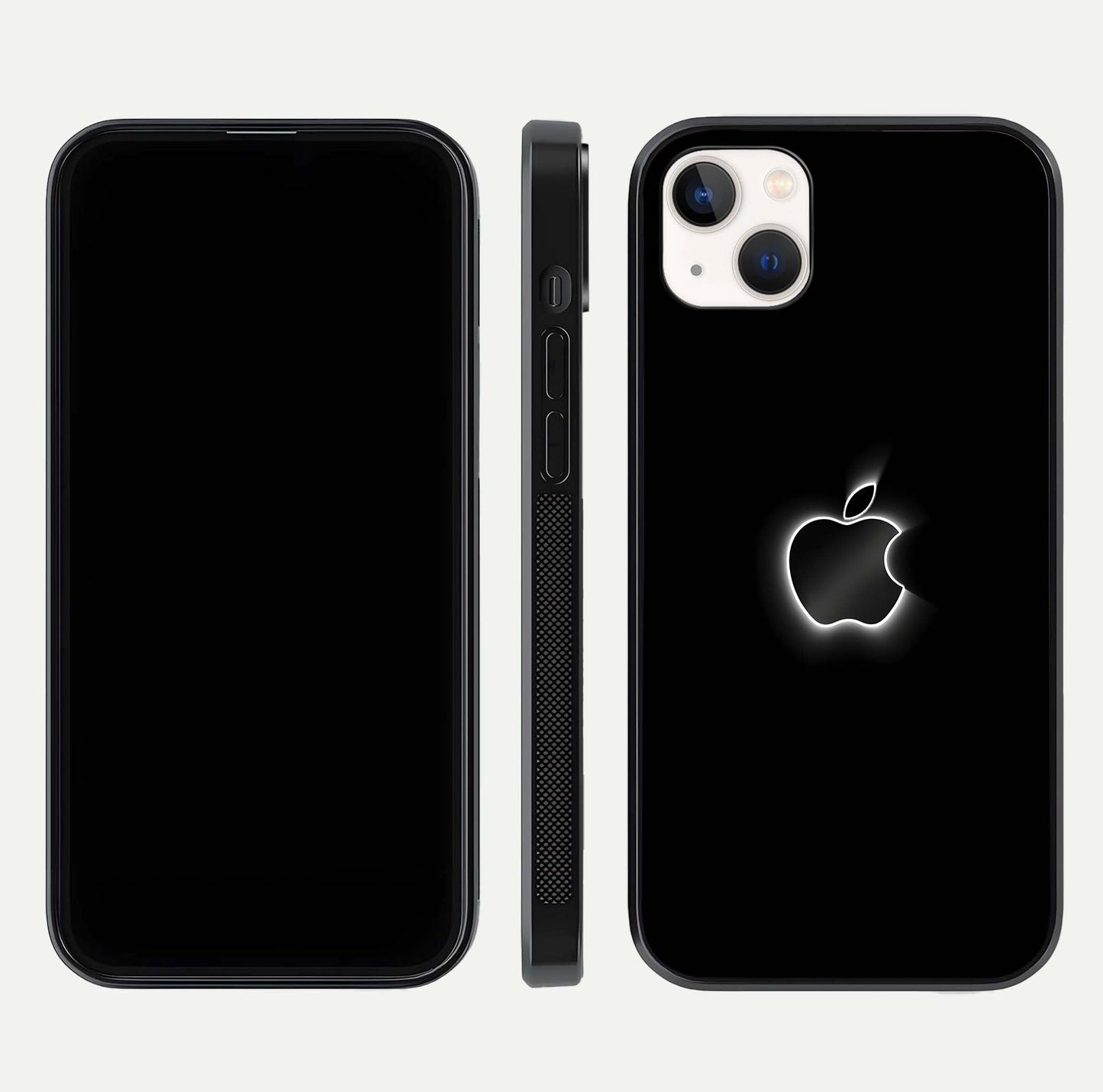 Neon Apple Glow Glass Case for iPhone 14 Plus front & back layout showing bright tones and edge curve