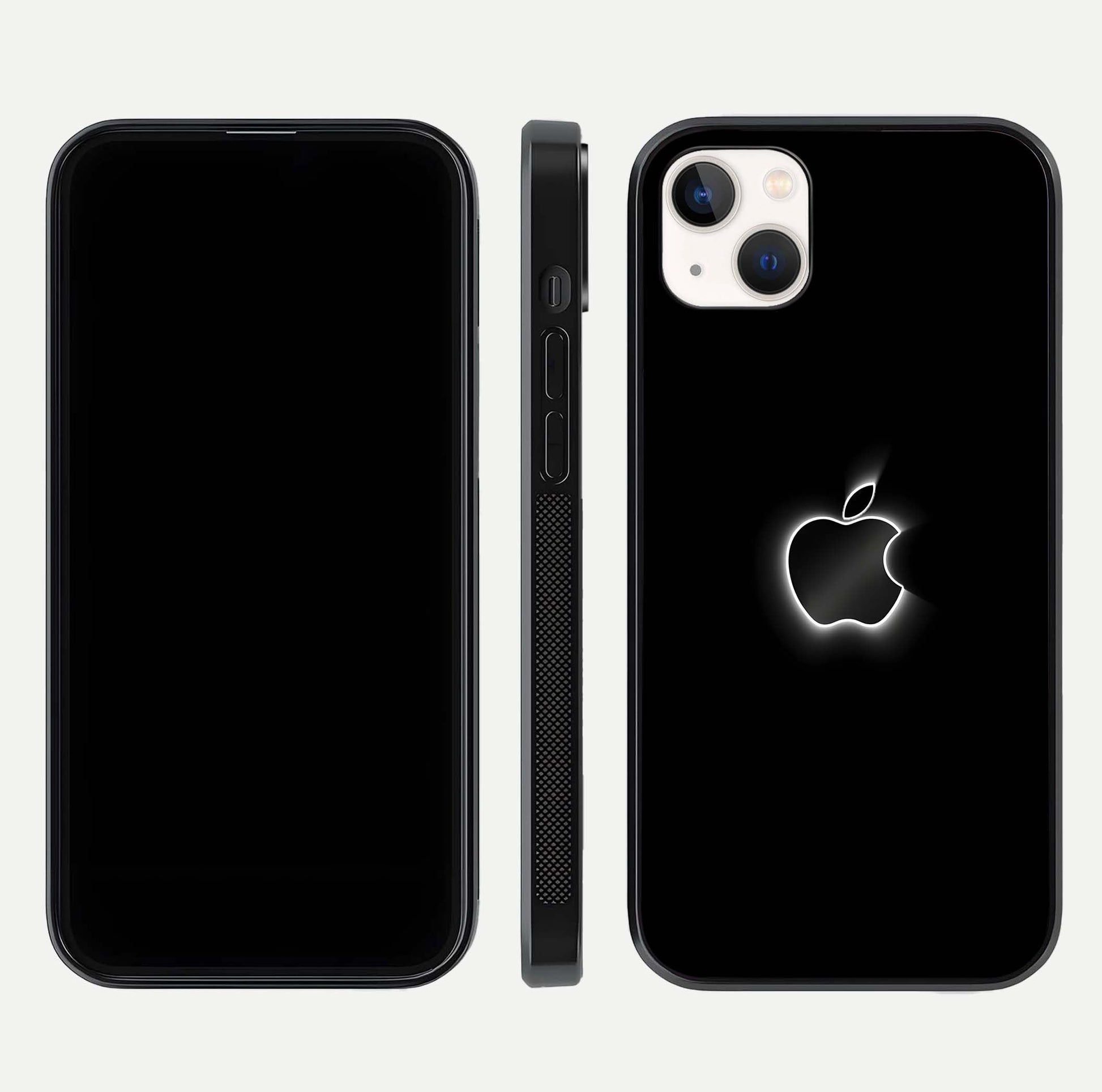 Neon Apple Glow Glass Case for iPhone 14 Plus front & back layout showing bright tones and edge curve