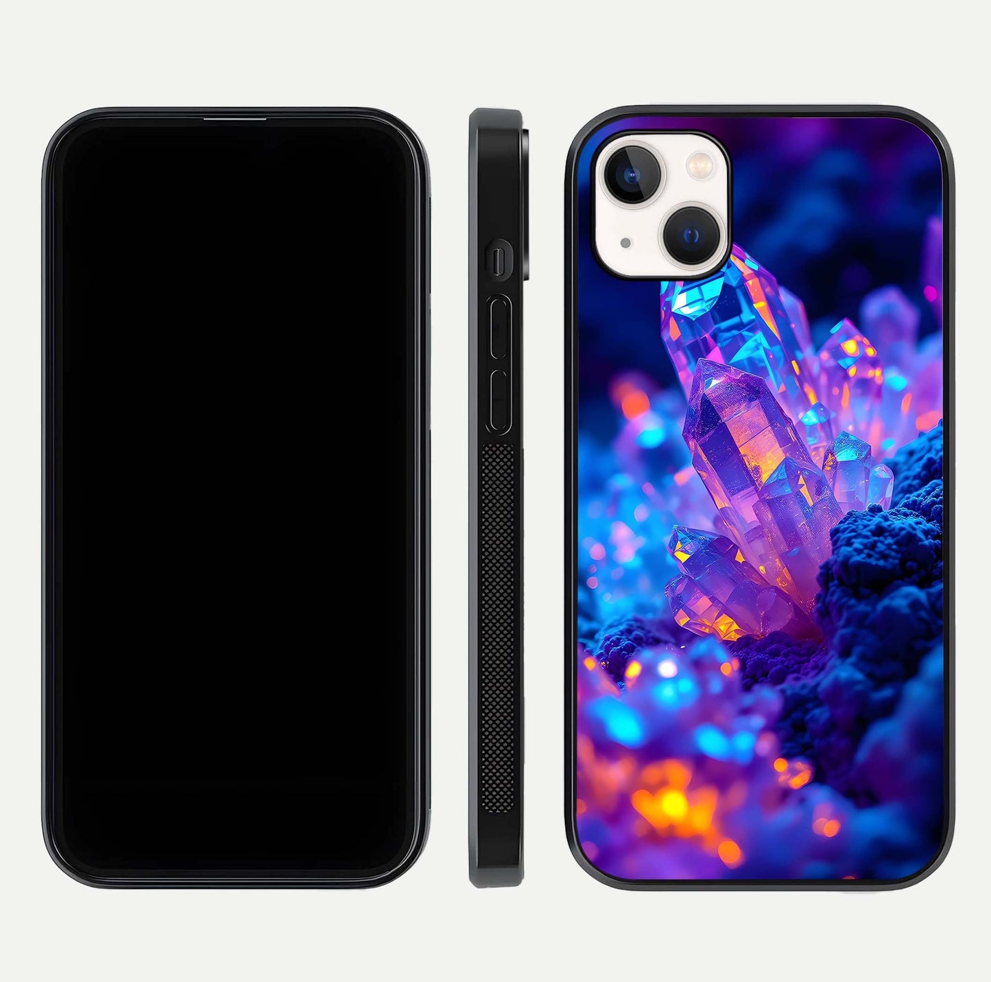 Neon Aura Shards Glass Case for iPhone 14 Plus front & back layout showing vivid tones and edge finish