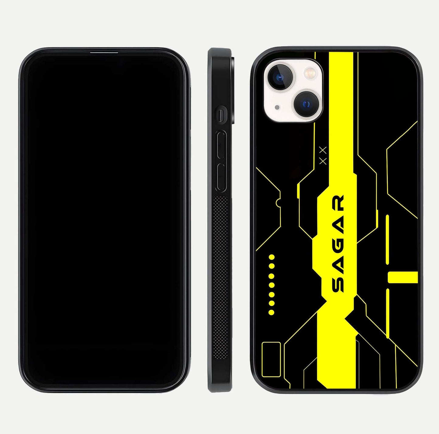 Neon CYBERPUNK Custom Name Glass Case for iPhone 14 Plus front & back layout showing tech art and custom edge