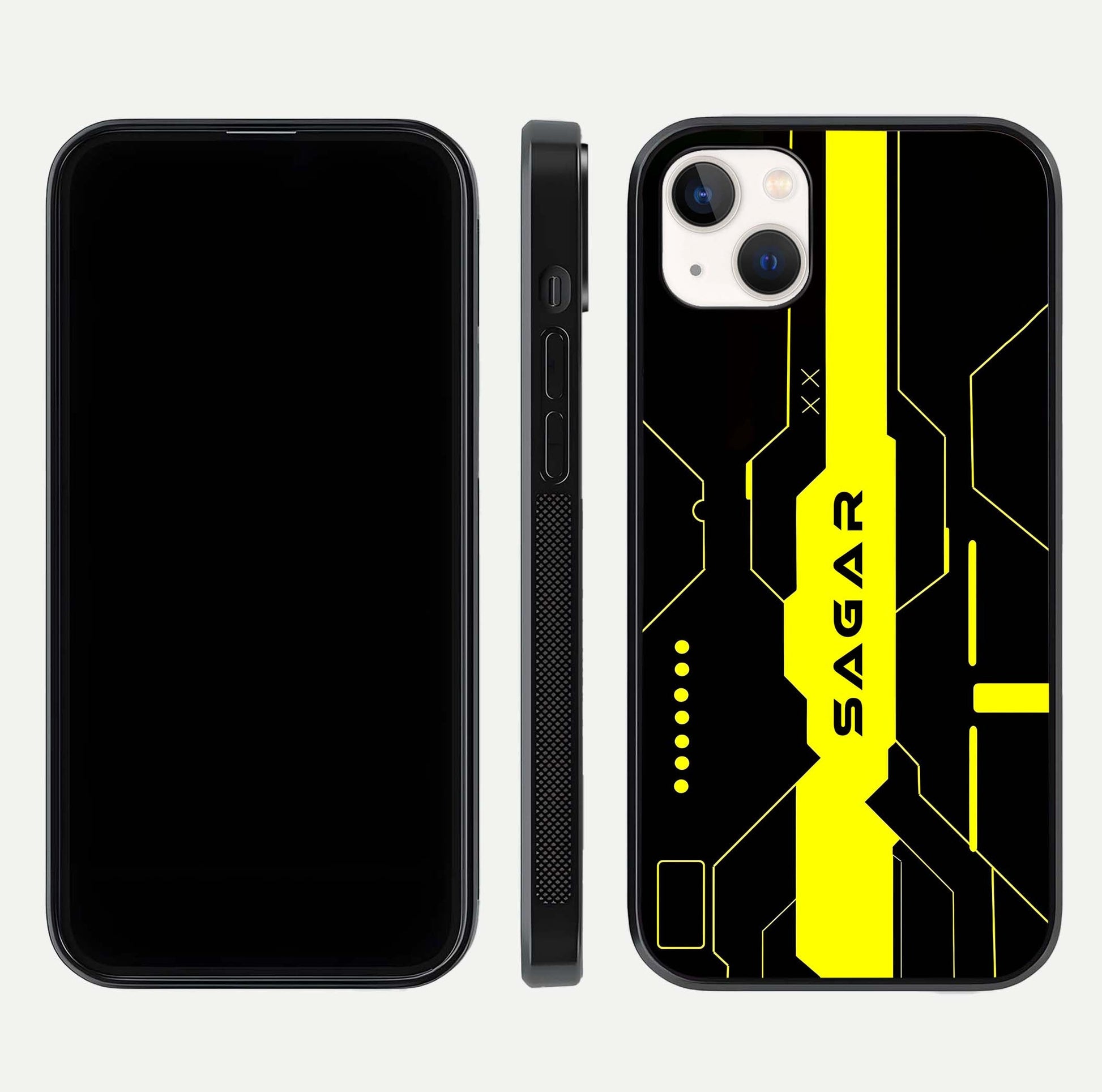 Neon CYBERPUNK Custom Name Glass Case for iPhone 14 Plus front & back layout showing tech art and custom edge