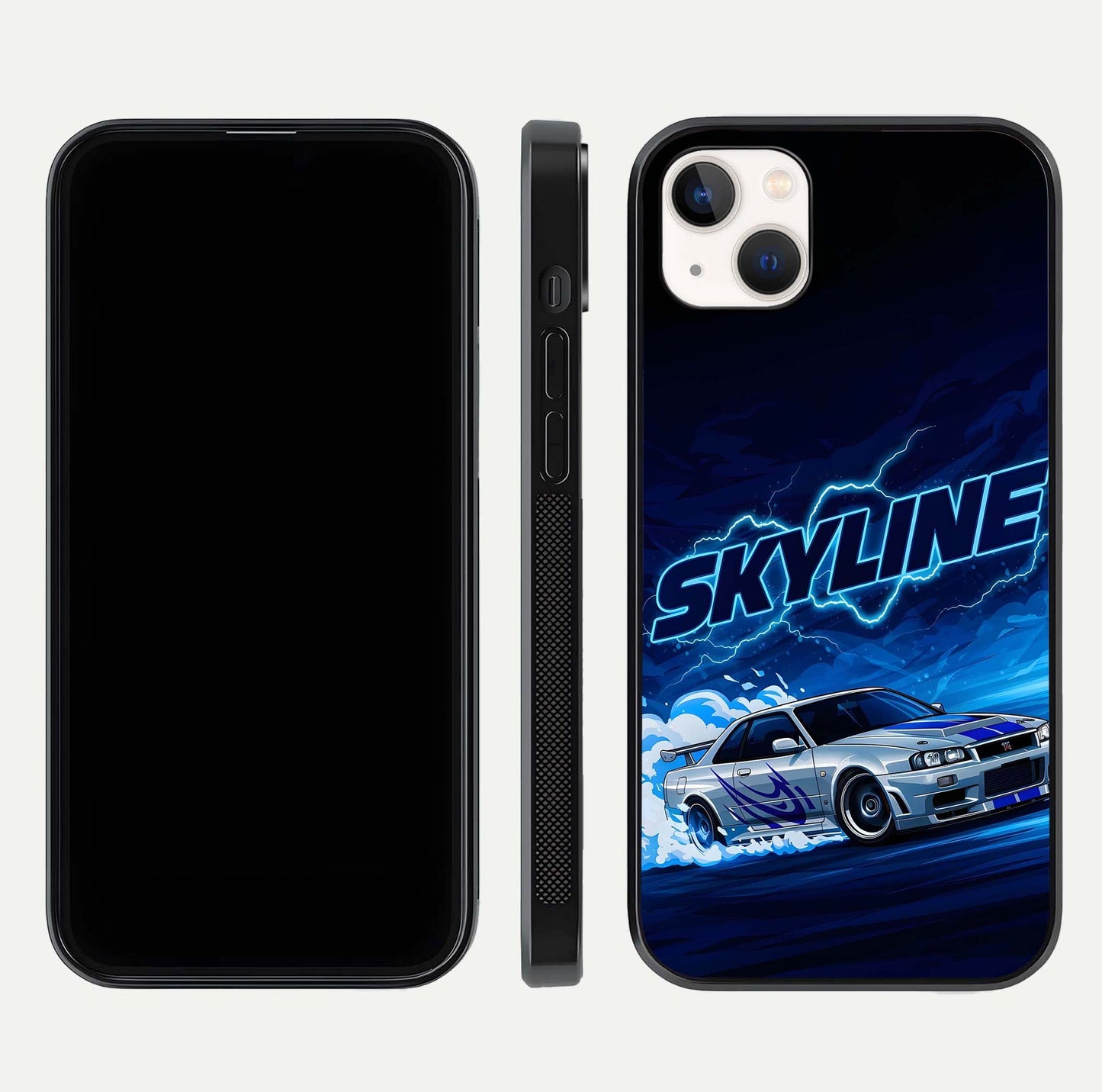 Neon Drift Beast Glass Case for iPhone 14 Plus front & back layout showing car silhouette and edge design