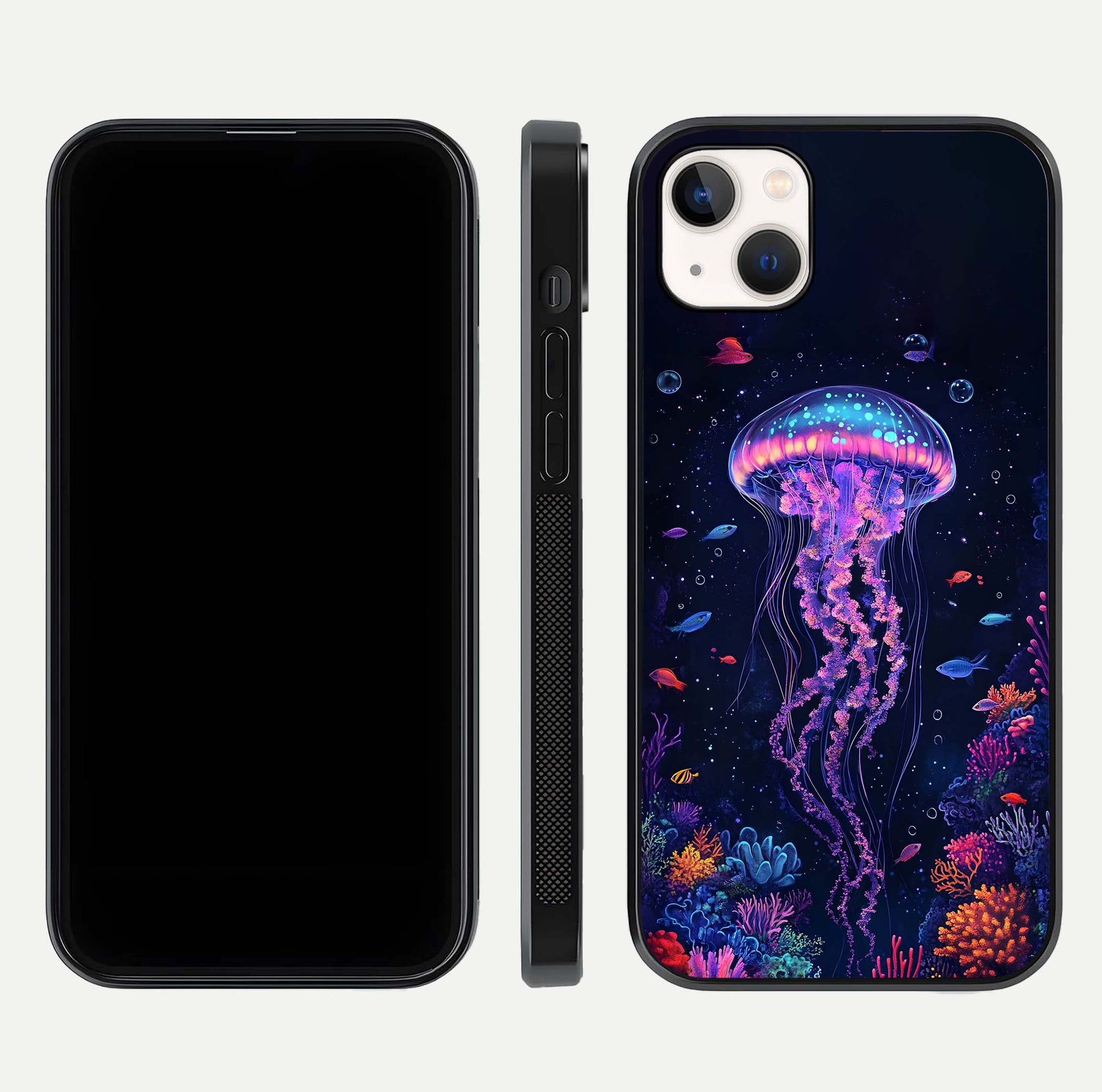 Neon Jellyfish Glass Case for iPhone 14 Plus front & back layout highlighting HD marine art and curved edges