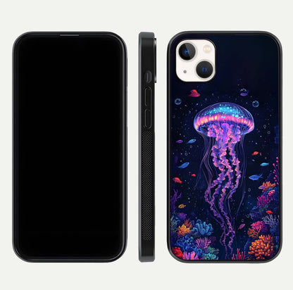 Neon Jellyfish Glass Case for iPhone 14 Plus front & back layout highlighting HD marine art and curved edges