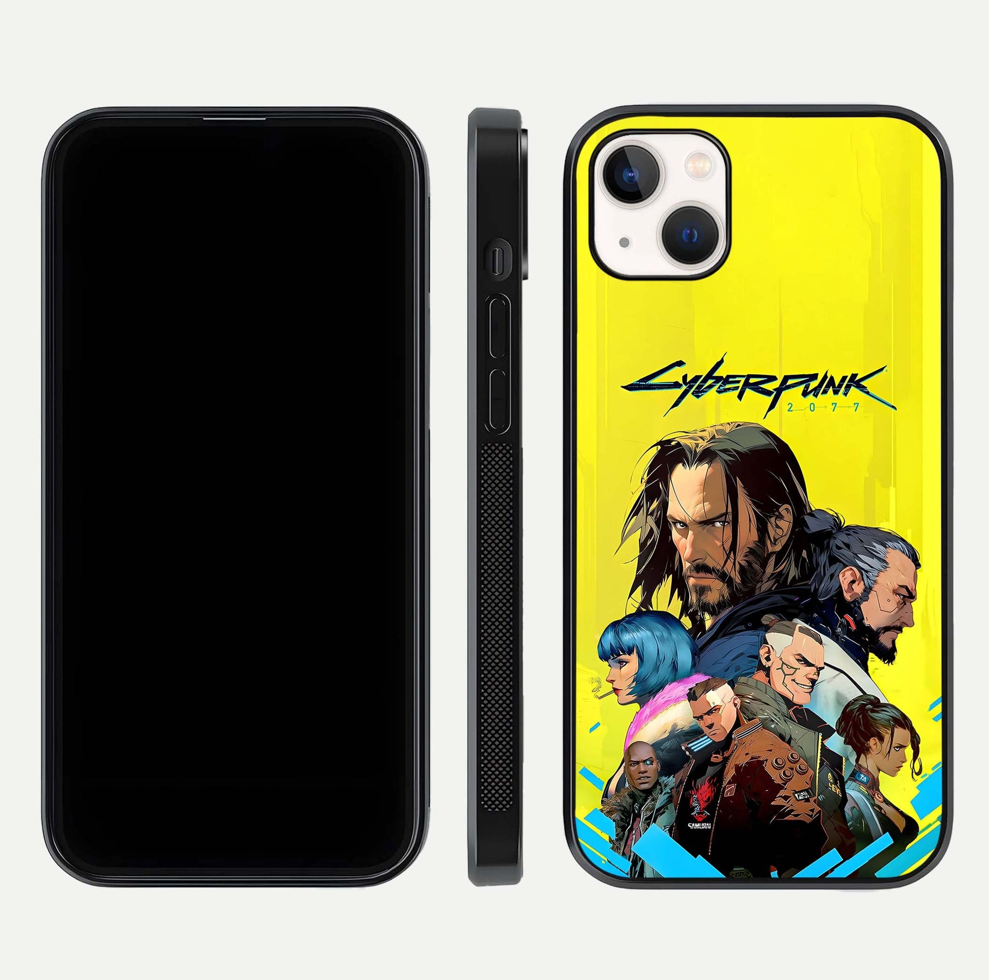 Neon Rebel Genesis Glass Case for iPhone 14 Plus front & back layout highlighting futuristic theme and curves