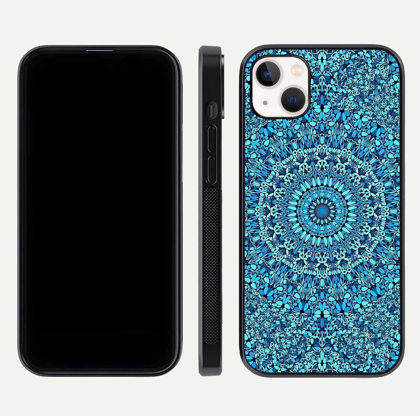 Ocean Bloom Mandala Glass Case for iPhone 14 Plus front & back layout showing ocean tone design and edges