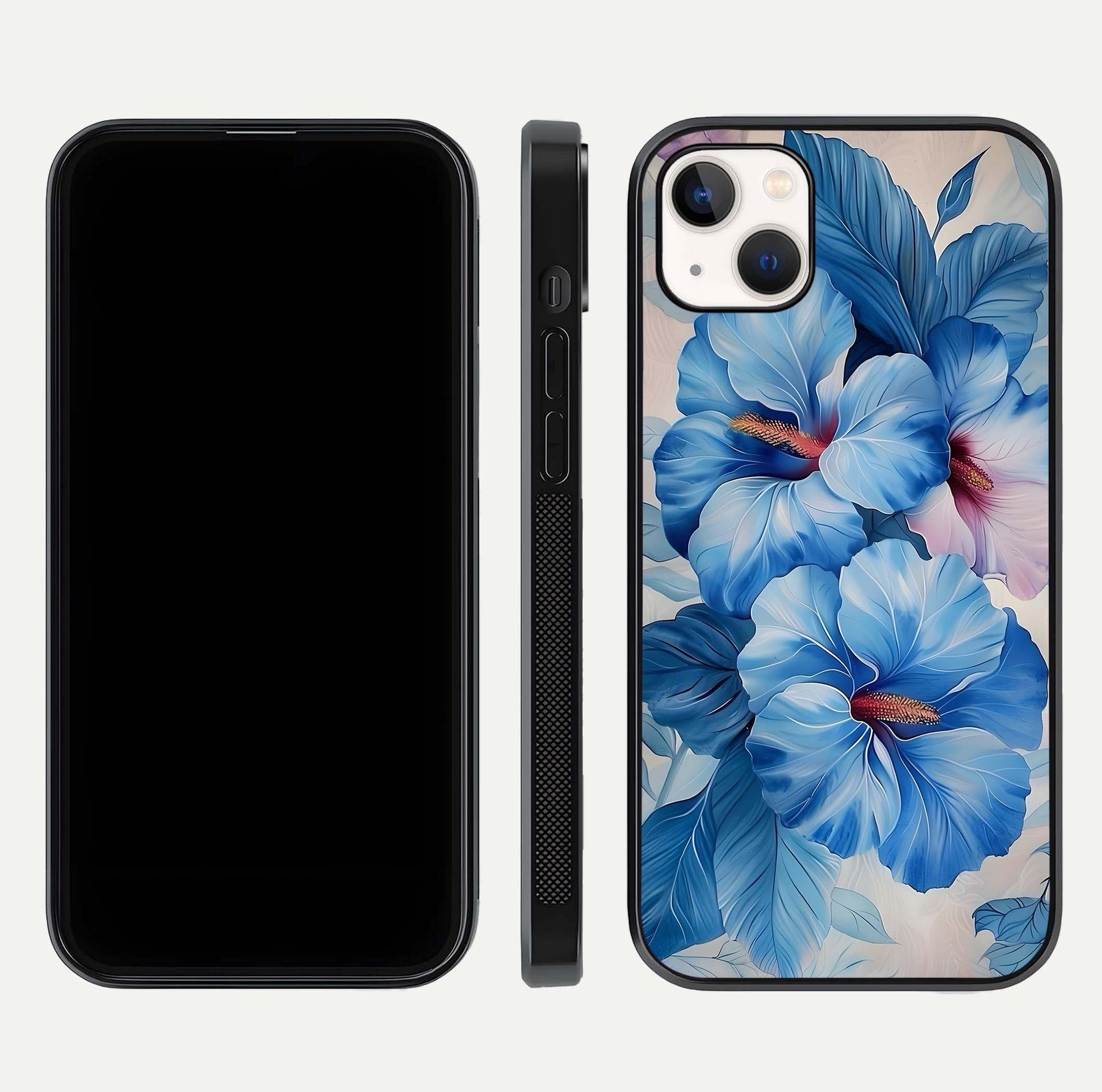 Ocean Hibiscus Grace Glass Case for iPhone 14 Plus front & back layout showing vibrant oceanic tones and curves