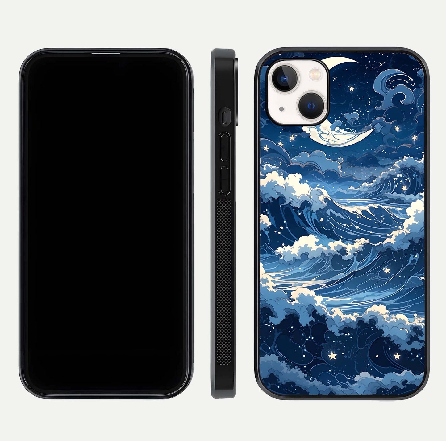 Ocean Moon Waves Glass Case for iPhone 14 Plus front & back layout highlighting water flow and smooth edges