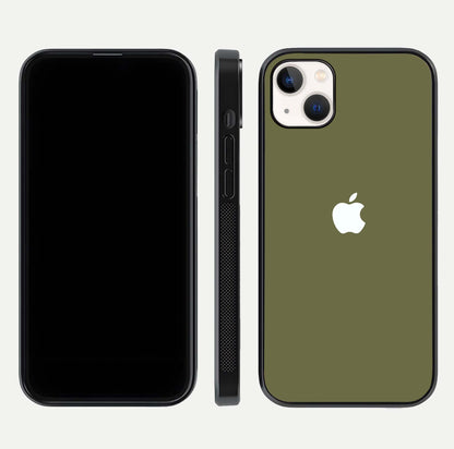 Olive Matte Essence Glass Case for iPhone 14 Plus front & back layout highlighting simple design and clean edges