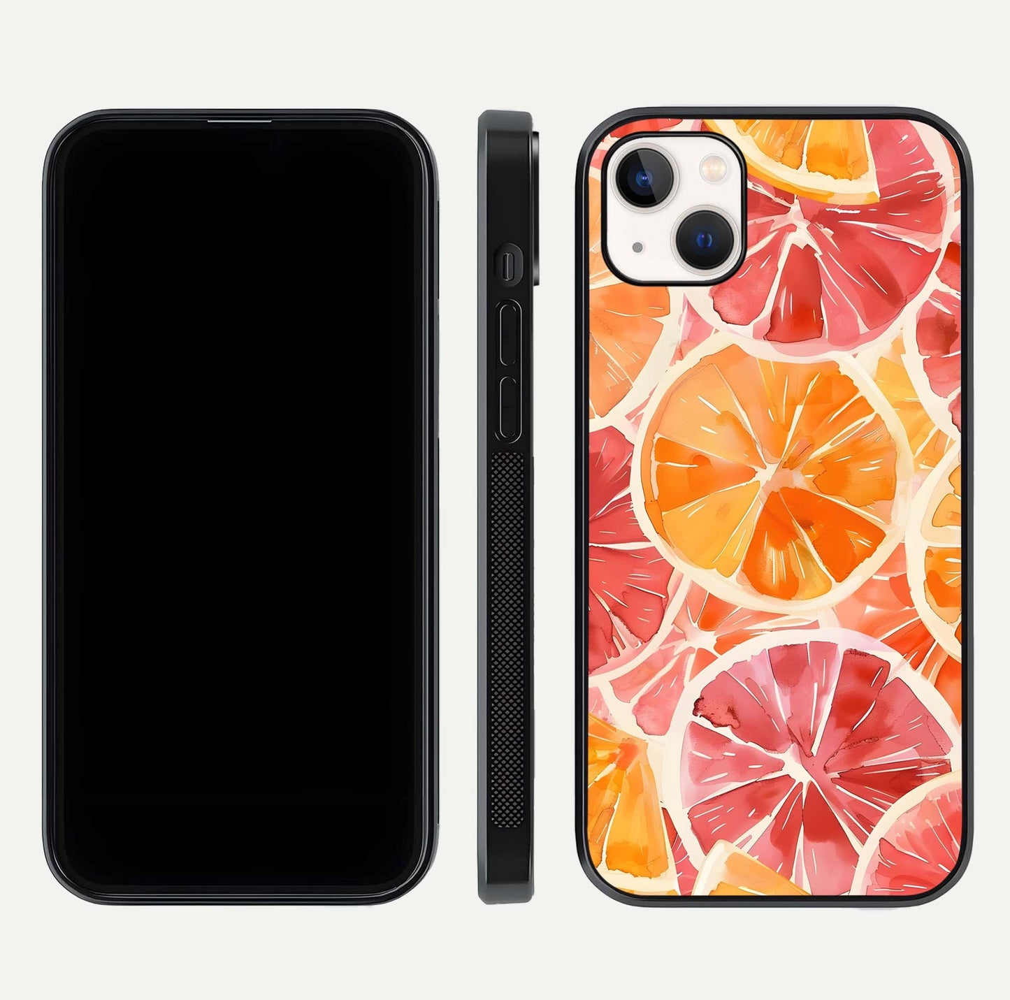 Orange Fruits Pattern Glass Case for iPhone 14 Plus front & back layout highlighting bright colors and clean edges