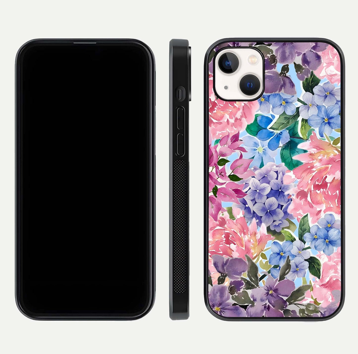 Pastel Floral Mix Glass Case for iPhone 14 Plus front & back layout showing gentle tones and elegant edges