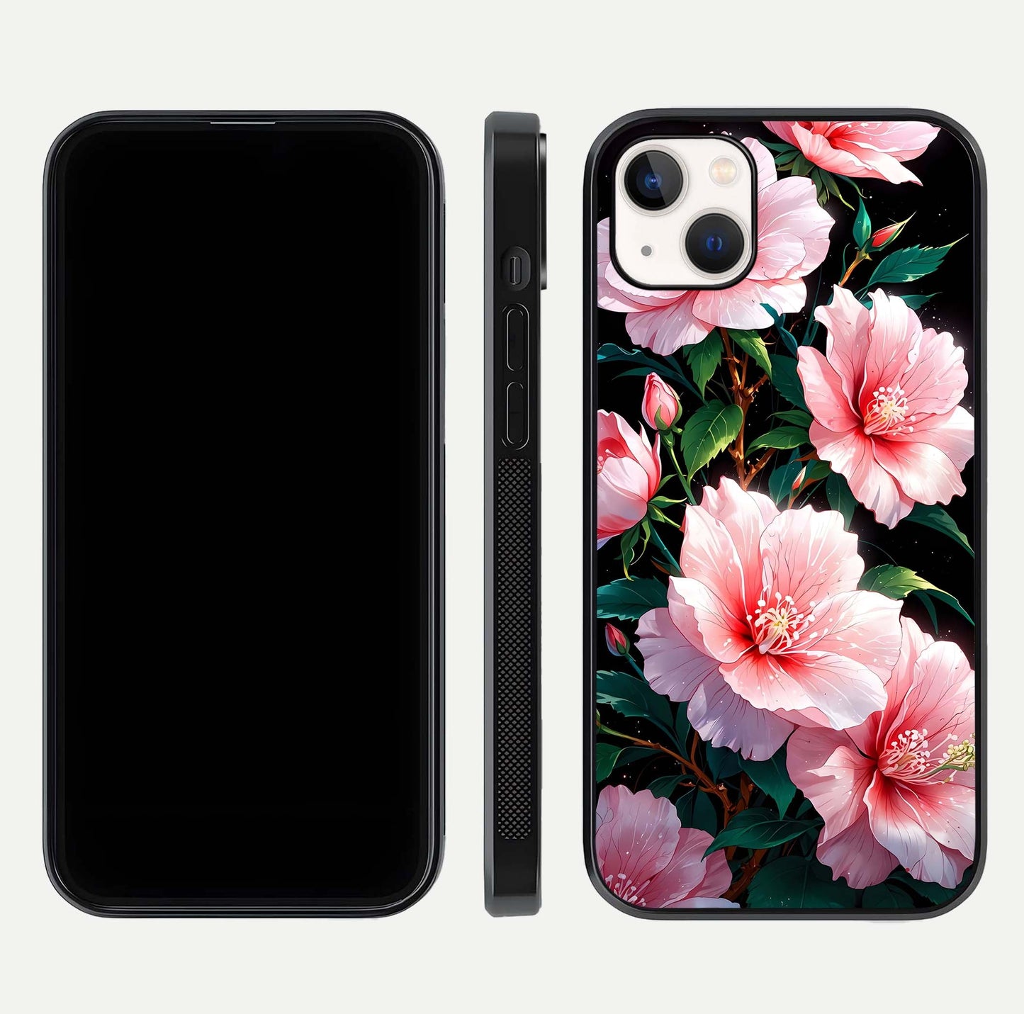 Peach Flower Glass Case for iPhone 14 Plus front & back layout showing elegant floral tones and smooth edges