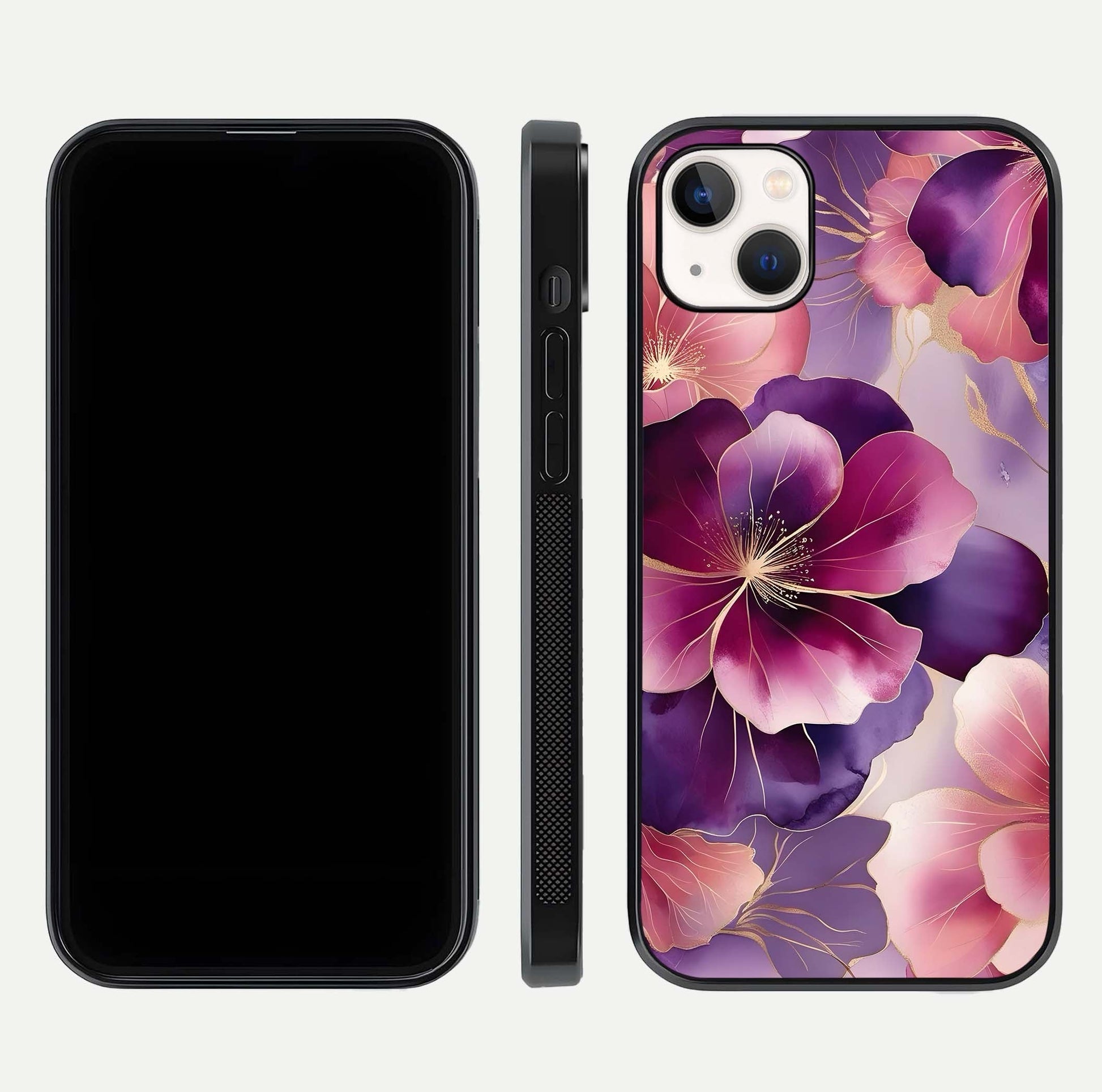 Pink Bouquet Florals Glass Case for iPhone 14 Plus front & back layout highlighting vivid petals and smooth edges