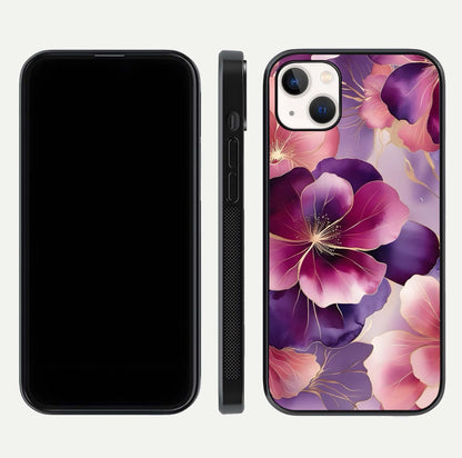 Pink Bouquet Florals Glass Case for iPhone 14 Plus front & back layout highlighting vivid petals and smooth edges