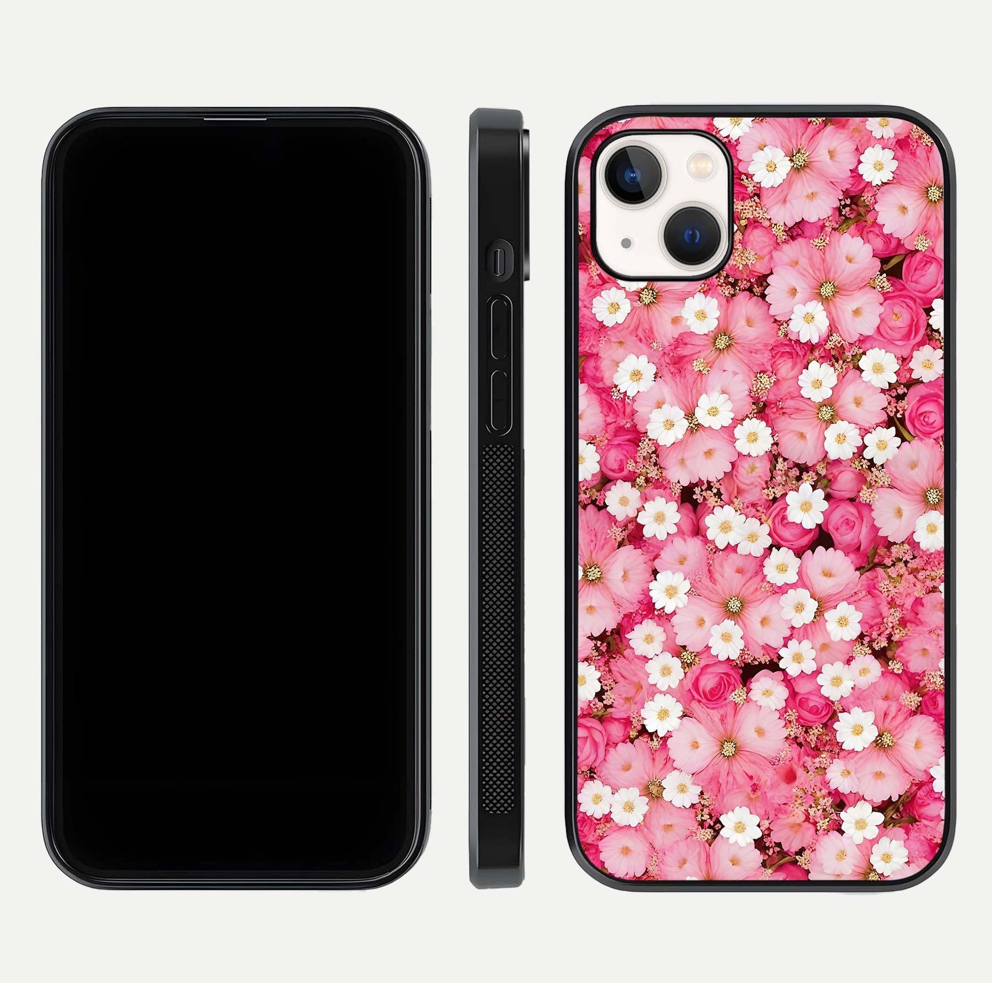 Pink Daisy Bliss Glass Case for iPhone 14 Plus front & back layout showing HD floral tones and edge finish