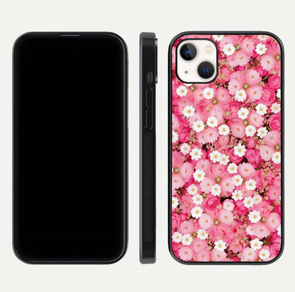 Pink Daisy Bliss Glass Case for iPhone 14 Plus front & back layout showing HD floral tones and edge finish