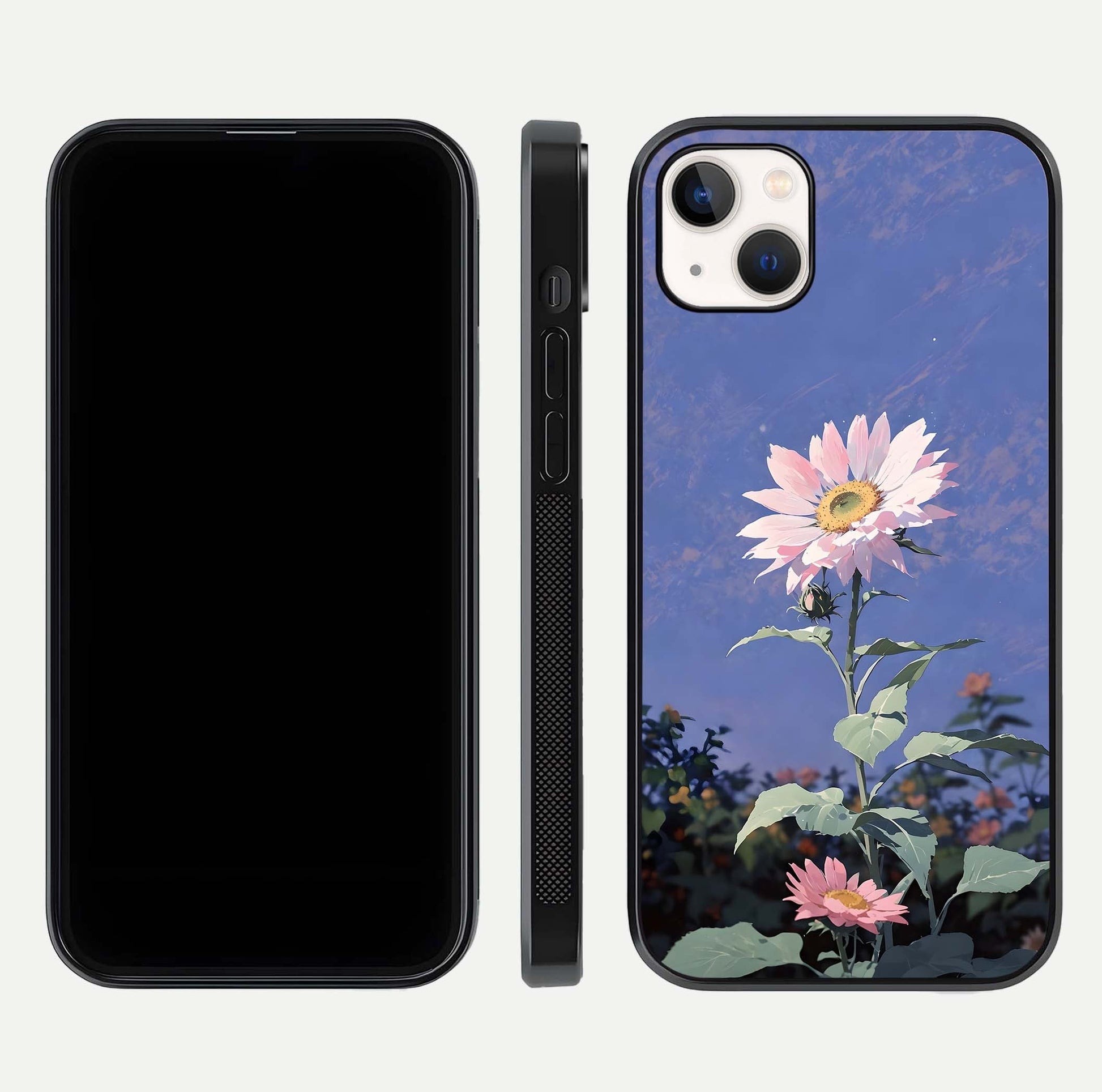 Pink Sunflower Glow Glass Case for iPhone 14 Plus front & back layout showing HD tones and bright finish