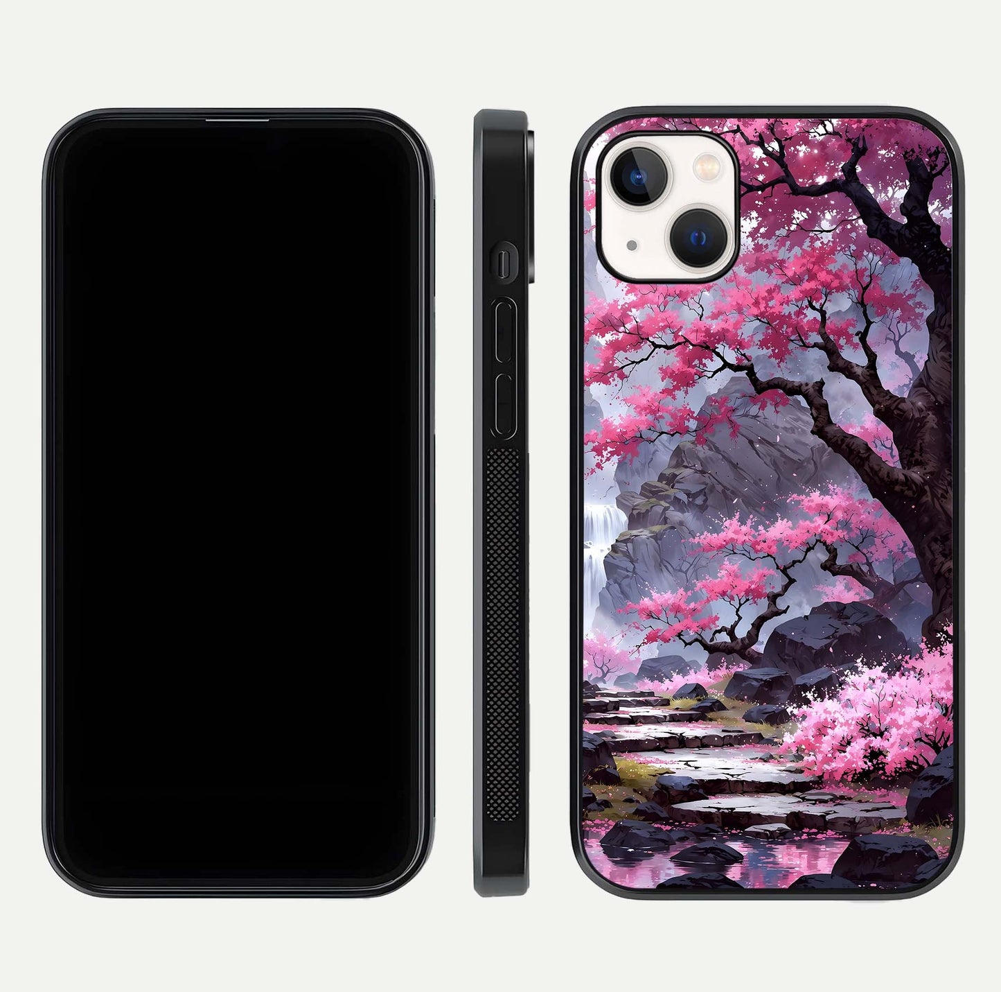 Pinkish Scenery Glass Case for iPhone 14 Plus front & back layout showing landscape art and curved edge finish