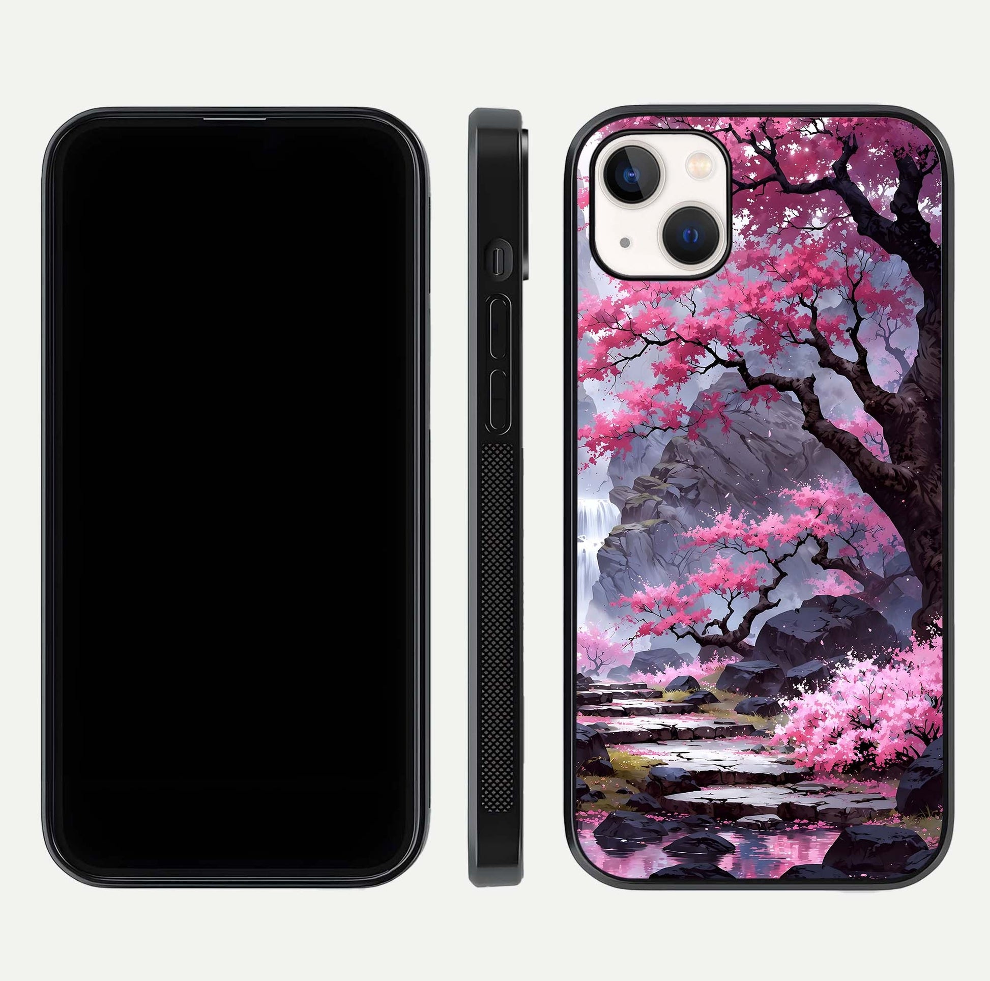 Pinkish Scenery Glass Case for iPhone 14 Plus front & back layout showing landscape art and curved edge finish