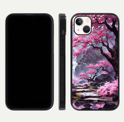 Pinkish Scenery Glass Case for iPhone 14 Plus front & back layout showing landscape art and curved edge finish
