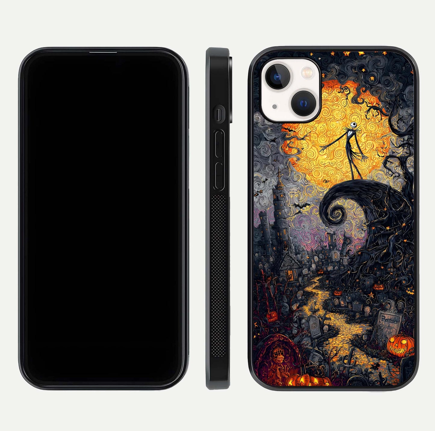 Pumpkin Moon Night Glass Case for iPhone 14 Plus front & back layout highlighting festive tones and smooth edges
