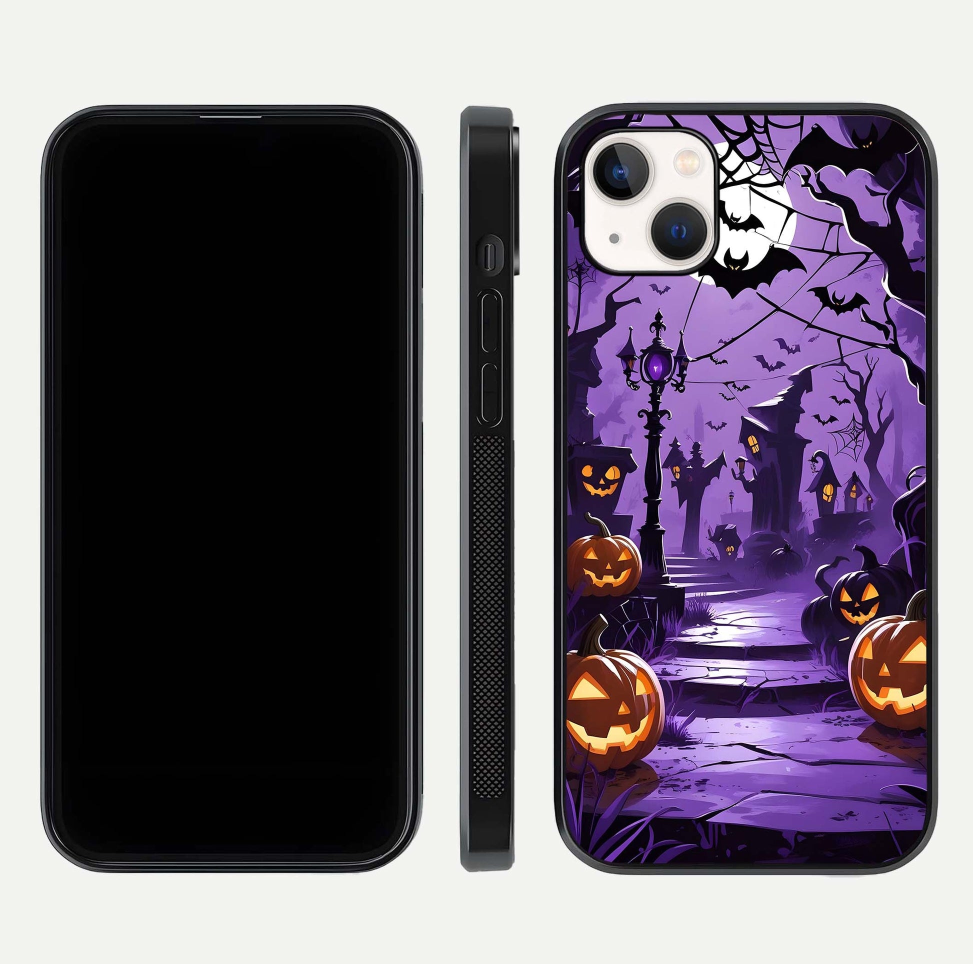 Pumpkin Patch Halloween Glass Case for iPhone 14 Plus front & back layout showing festive Halloween print