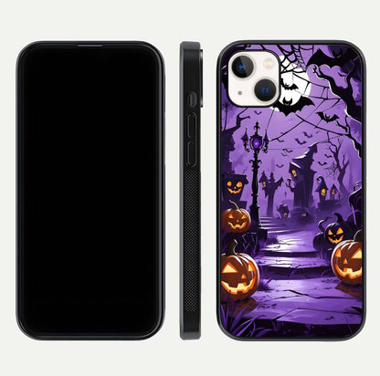 Pumpkin Patch Halloween Glass Case for iPhone 14 Plus front & back layout showing festive Halloween print