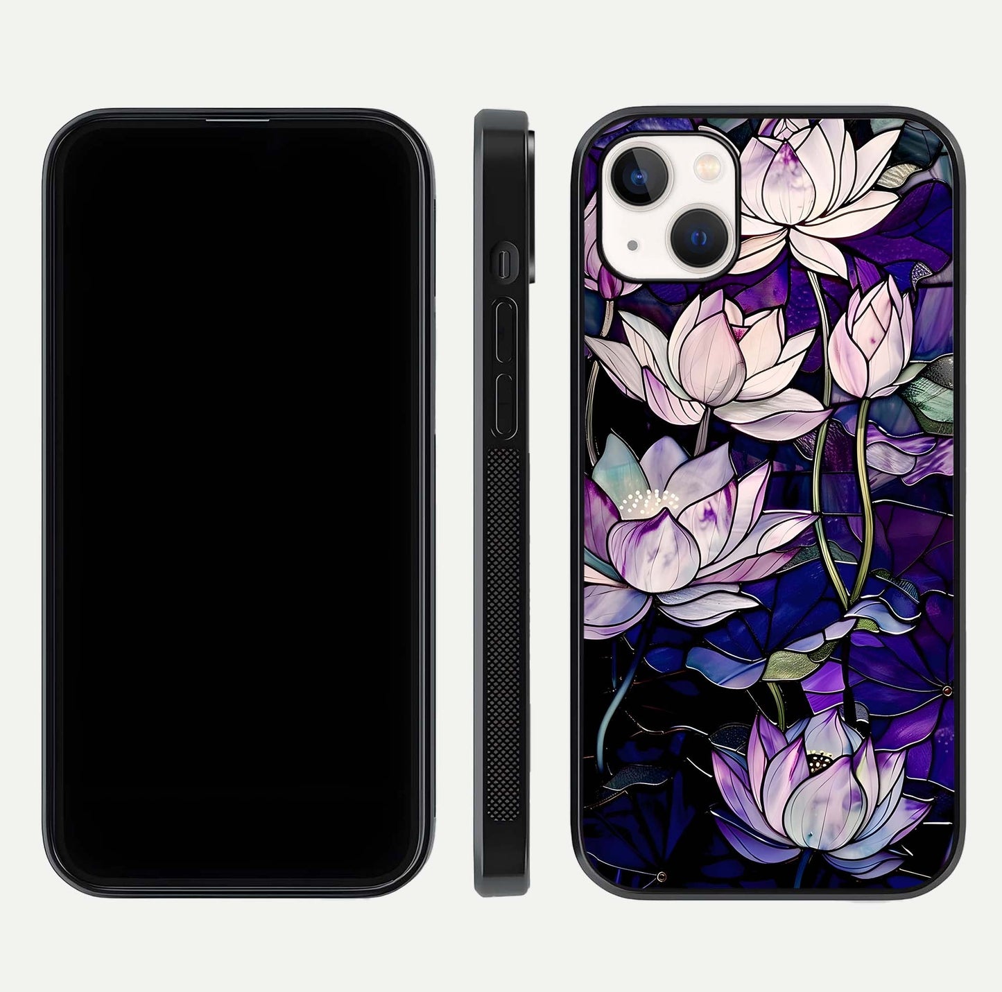 Purple Lotus Pattern Glass Case for iPhone 14 Plus front & back layout highlighting floral tones and soft edges