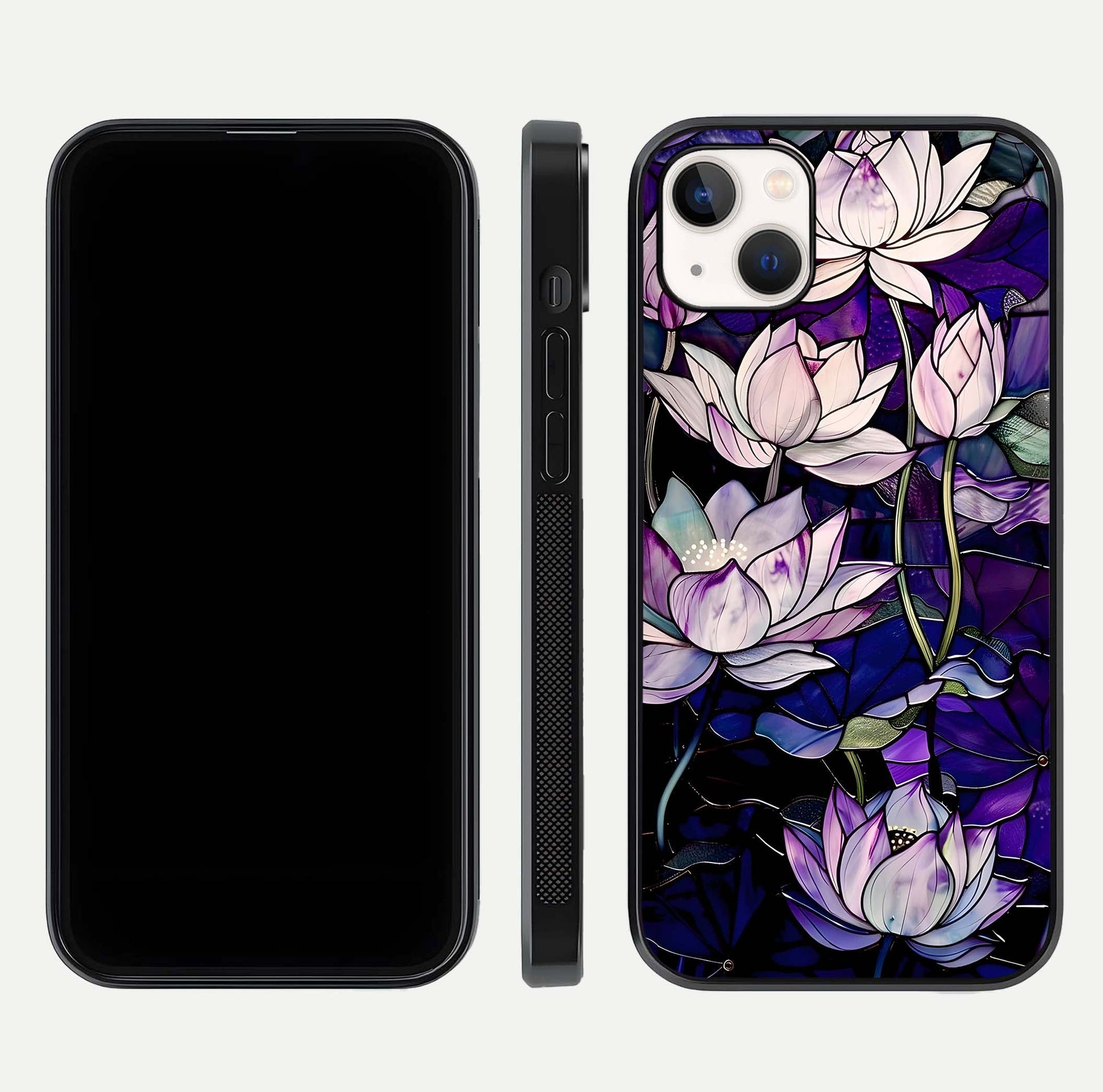 Purple Lotus Pattern Glass Case for iPhone 14 Plus front & back layout highlighting floral tones and soft edges