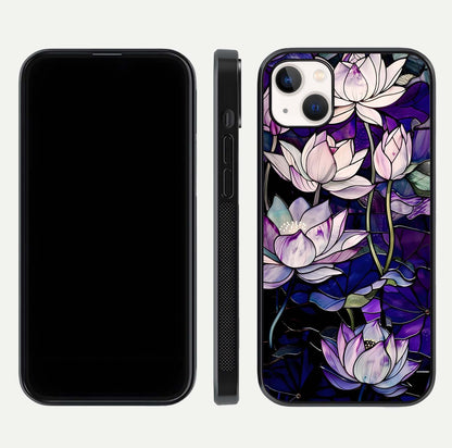 Purple Lotus Pattern Glass Case for iPhone 14 Plus front & back layout highlighting floral tones and soft edges