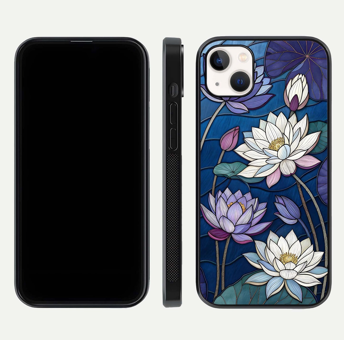 Purple Lotus Stained Glass Case for iPhone 14 Plus front & back layout showing bright tones and smooth edge finish