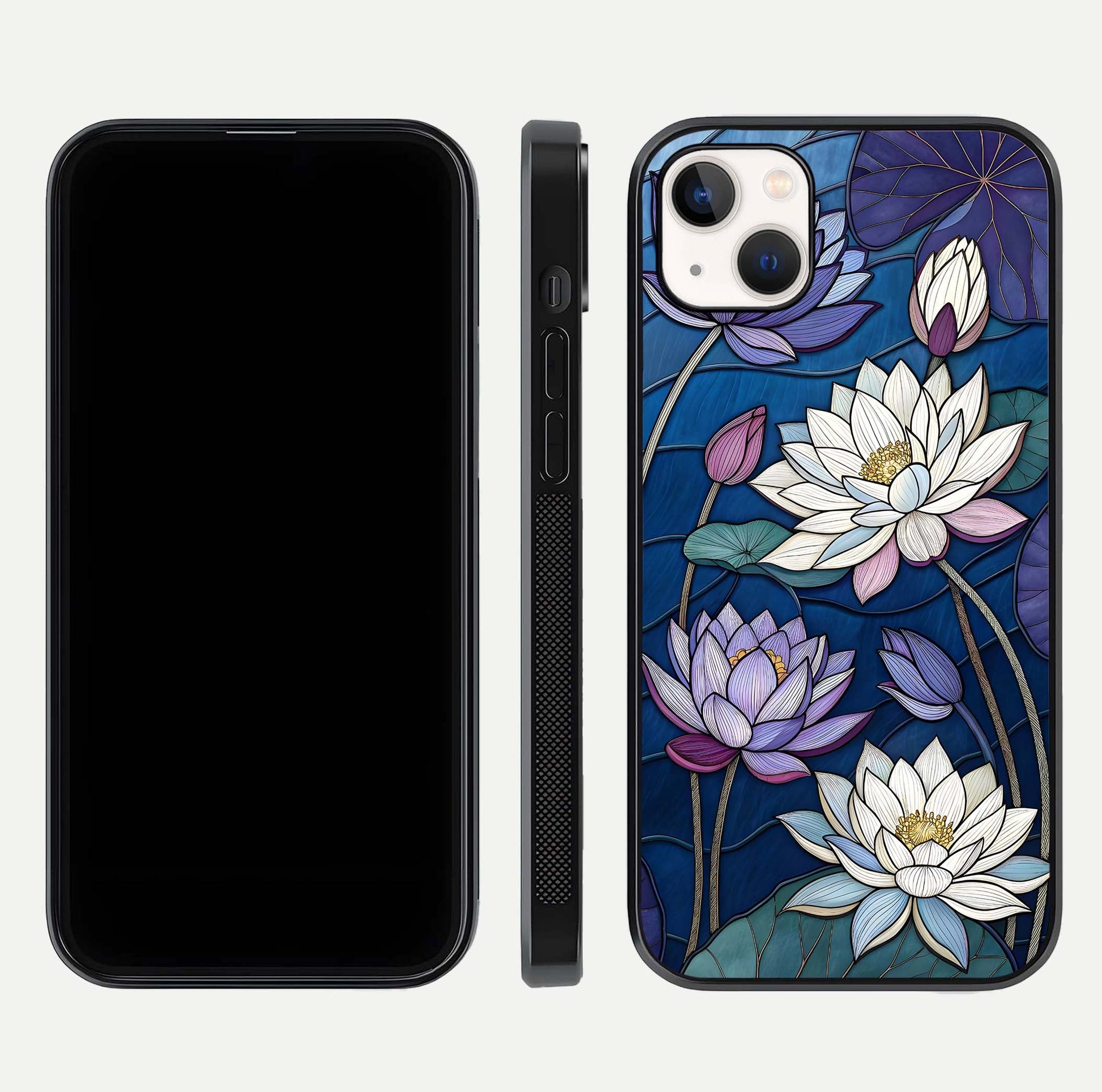 Purple Lotus Stained Glass Case for iPhone 14 Plus front & back layout showing bright tones and smooth edge finish