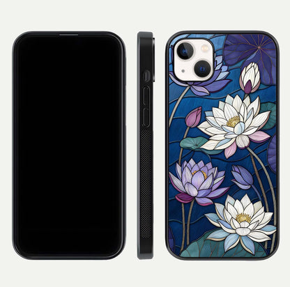 Purple Lotus Stained Glass Case for iPhone 14 Plus front & back layout showing bright tones and smooth edge finish