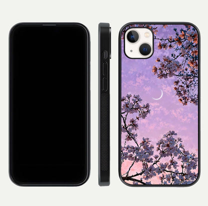 Purple Serenity Moon Glass Case for iPhone 14 Plus front & back layout highlighting celestial tones and curves
