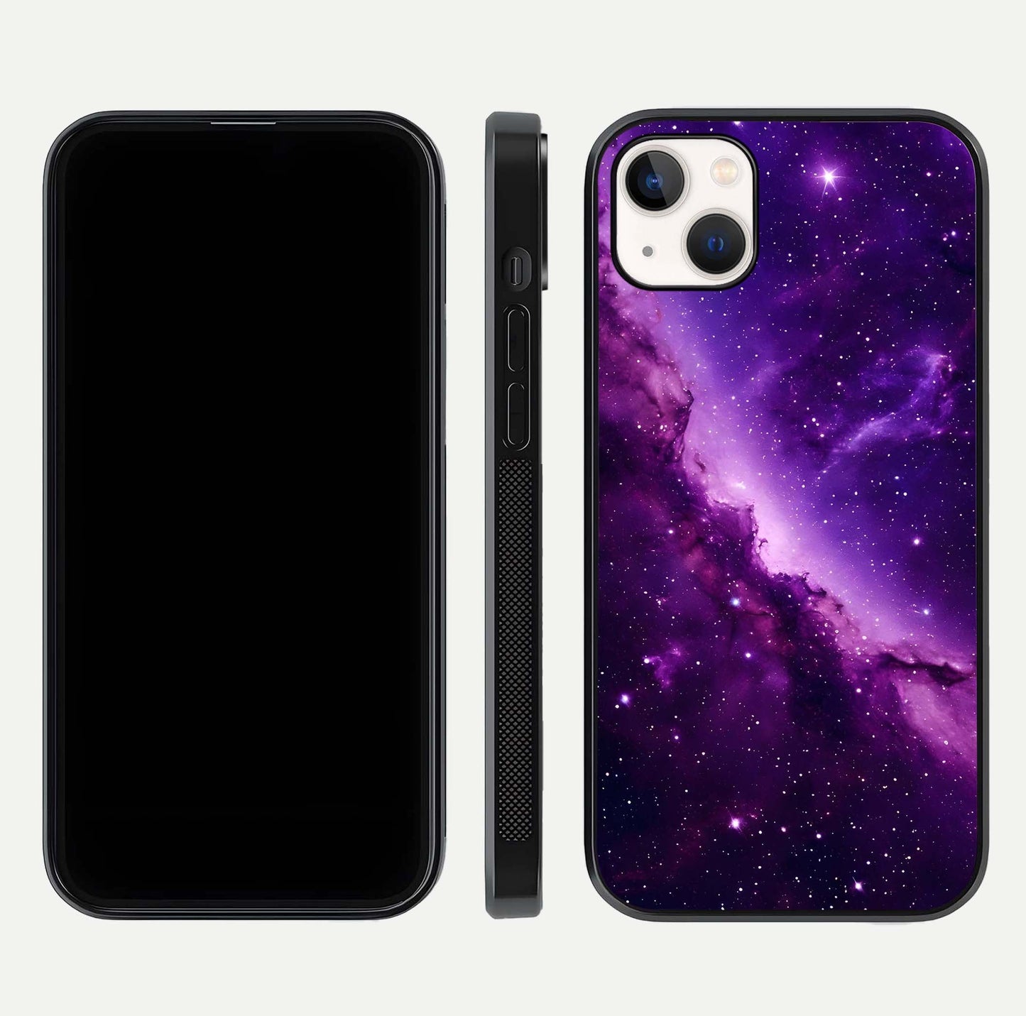 Purple Shade Sky Glass Case for iPhone 14 Plus front & back layout showing HD tones and clean glass edges