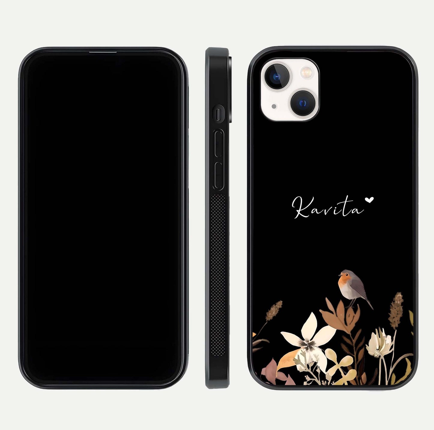 Quiet Garden Tune Custom Name Glass Case for iPhone 14 Plus front & back layout highlighting name area and edges