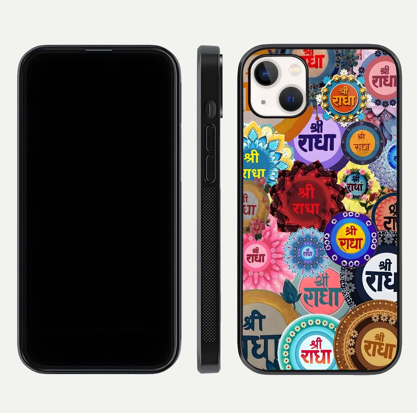 Radha Divine Bloom Glass Case for iPhone 14 Plus front & back layout showing spiritual tones and elegant edges