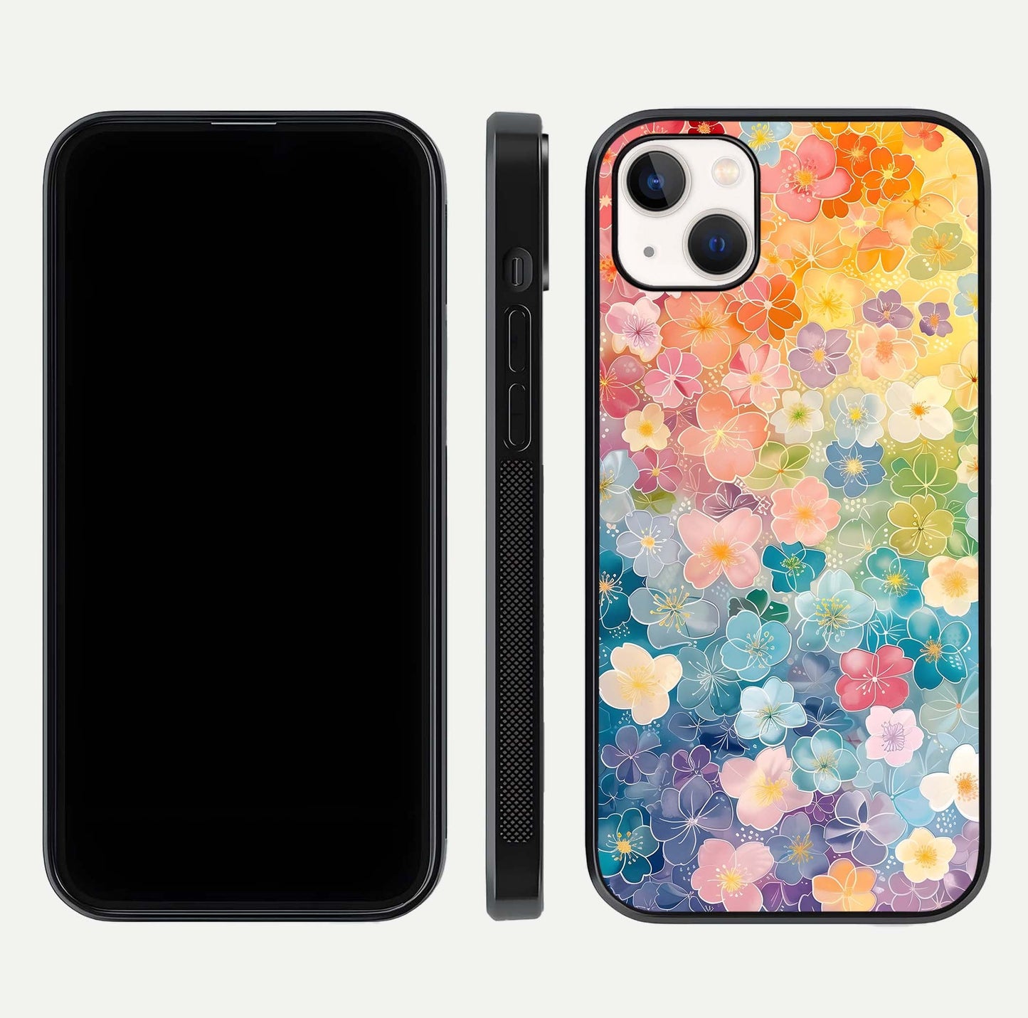 Rainbow Blossom Burst Glass Case for iPhone 14 Plus front & back layout showing bright tones and edge finish