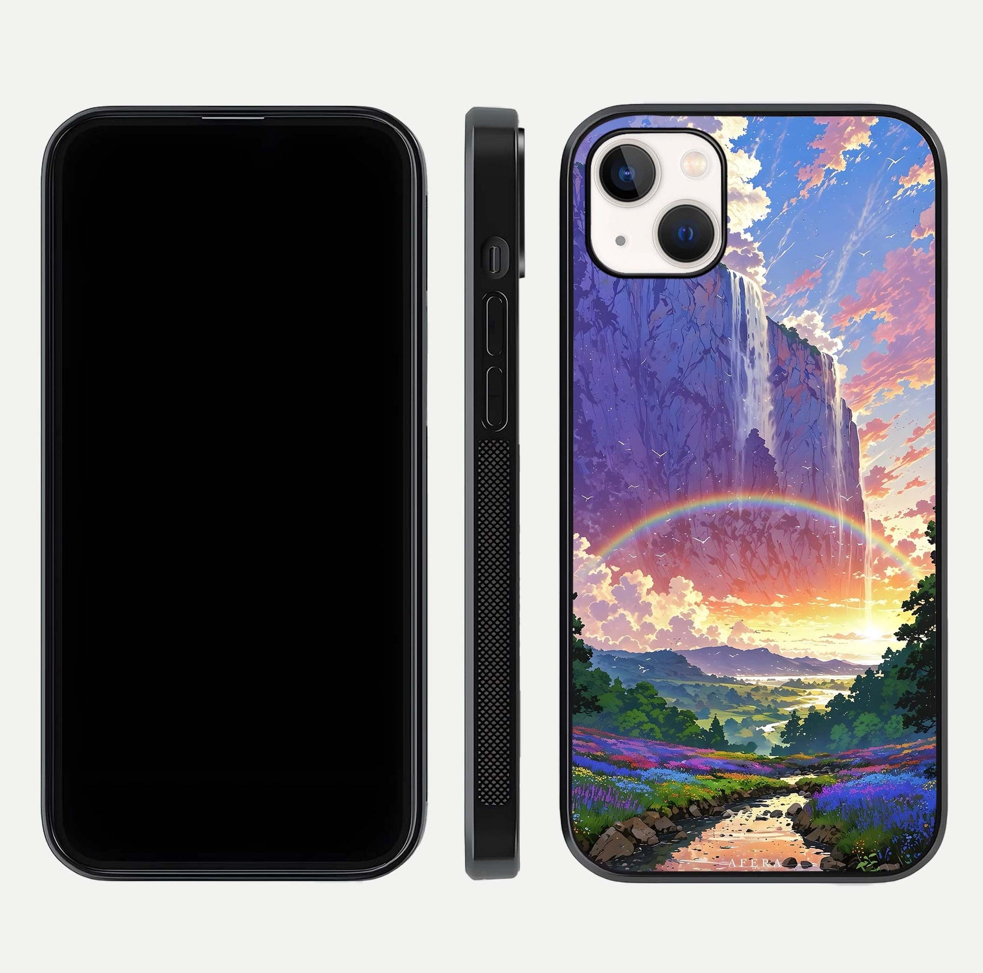 Rainbow Valley Dream Glass Case for iPhone 16 Pro front & back layout showing smooth color blend and curved edge