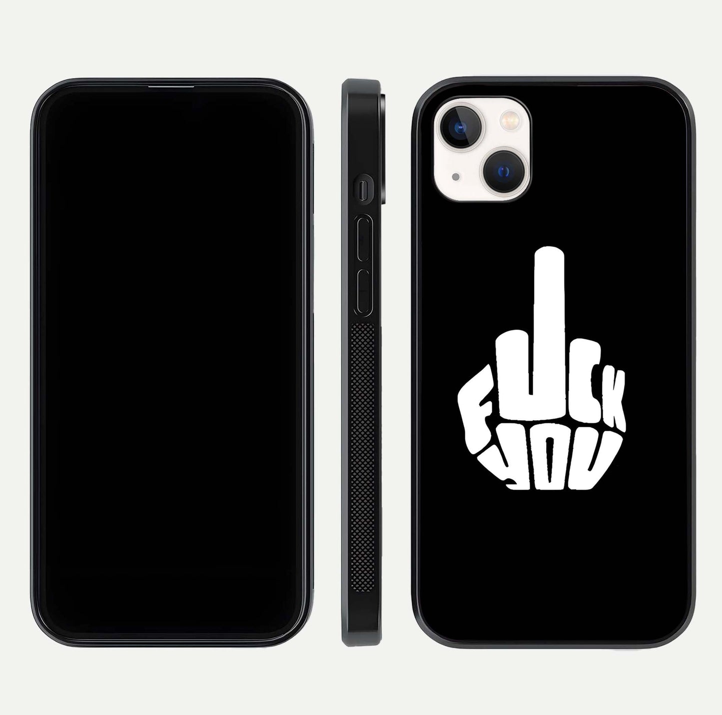 Rebel Mode On Glass Case for iPhone 14 Plus front & back layout showing minimal tone and clean edge fit