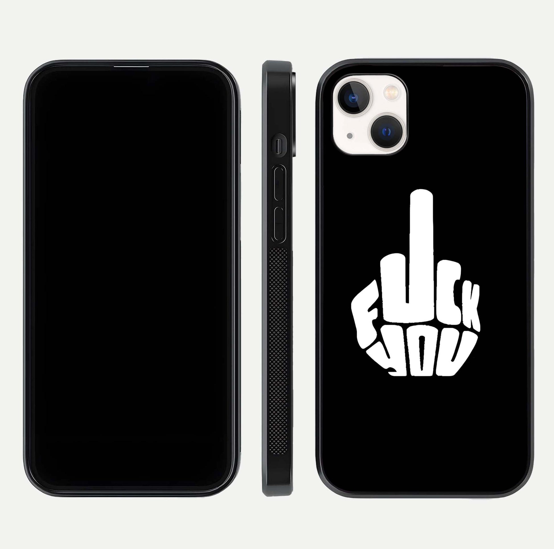 Rebel Mode On Glass Case for iPhone 14 Plus front & back layout showing minimal tone and clean edge fit
