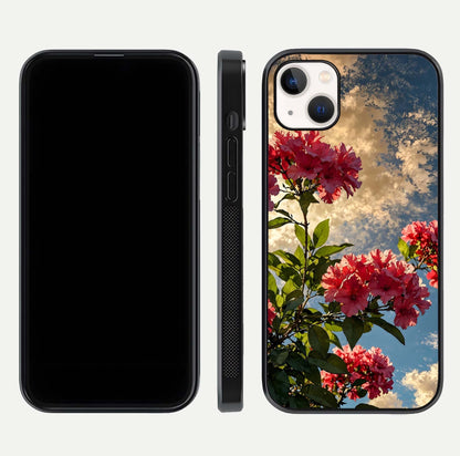 Red Bloom Skies Glass Case for iPhone 14 Plus front & back layout showing soft gradient sky tones and edges