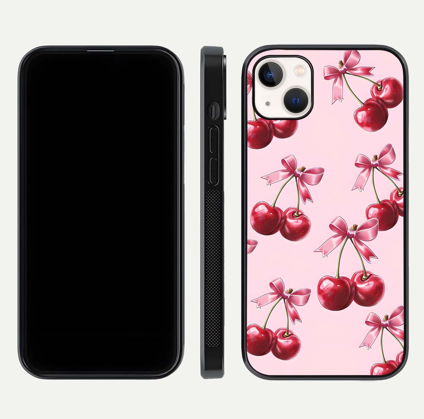 Red Cherries Pattern Glass Case for iPhone 14 Plus front & back layout highlighting vibrant fruit print and edges